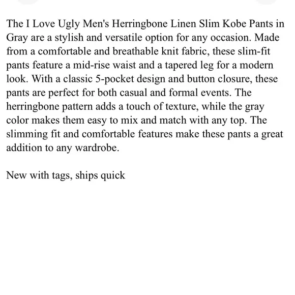 I Love Ugly Slim Kobe Pants Gray Herringbone